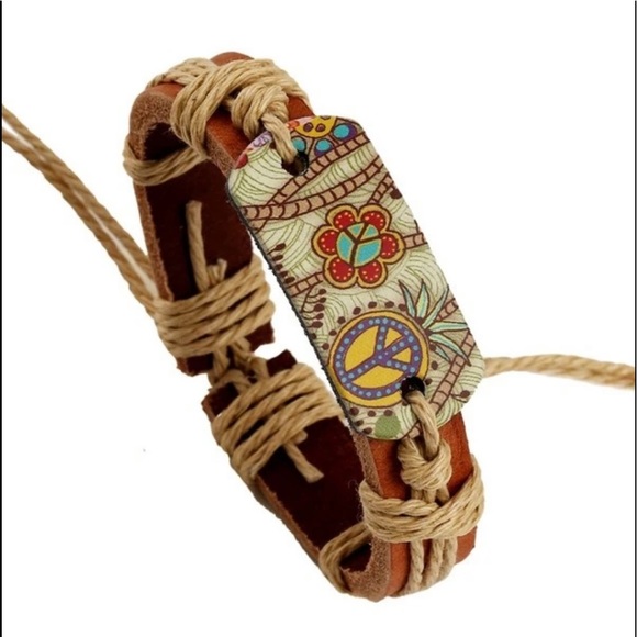 Boho Peace Sign Braided Leather Rope Hemp Bracelet - Picture 3 of 4